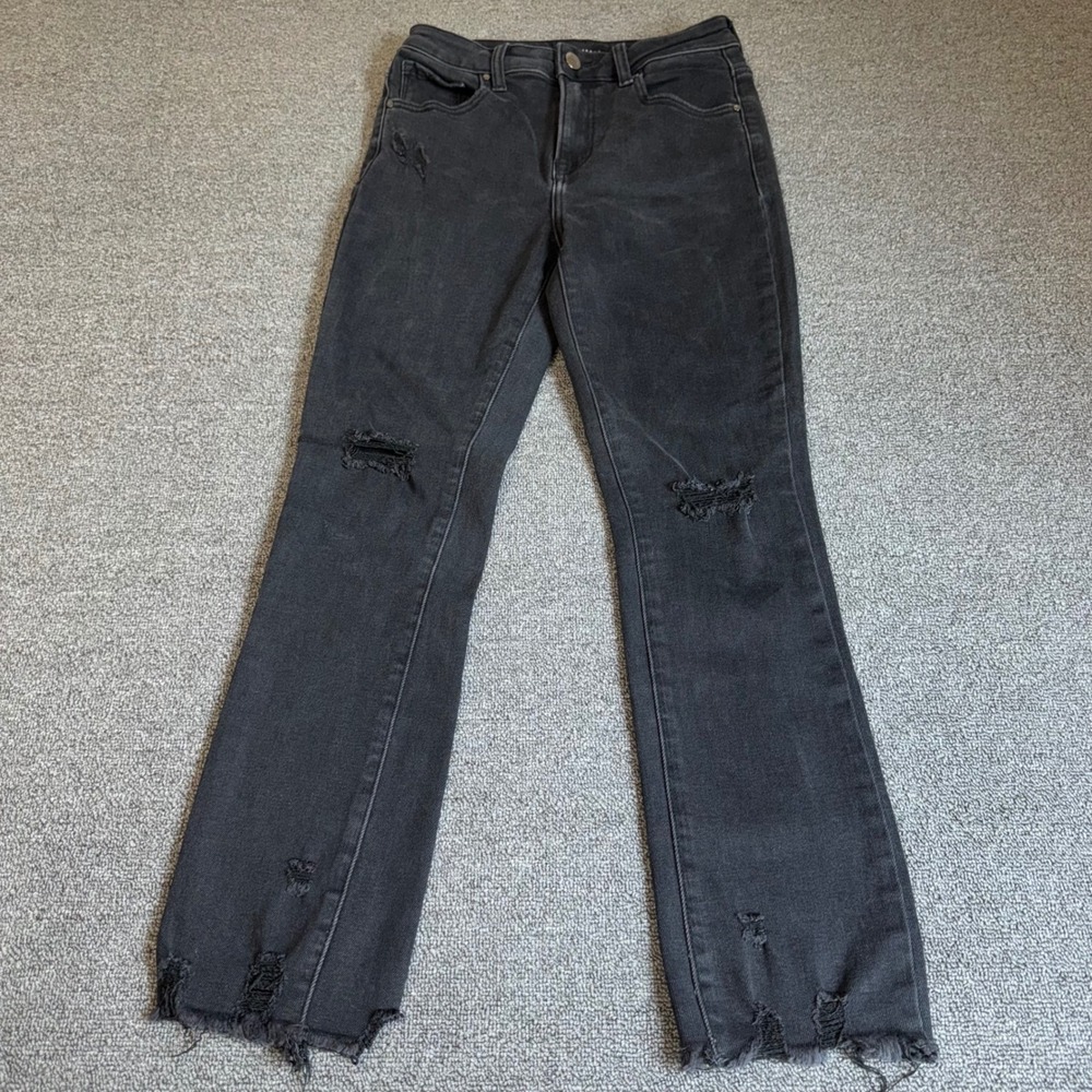Risen Jeans Black Distressed High Rise Bootcut Jeans Raw Hem Size 3/26 Grunge